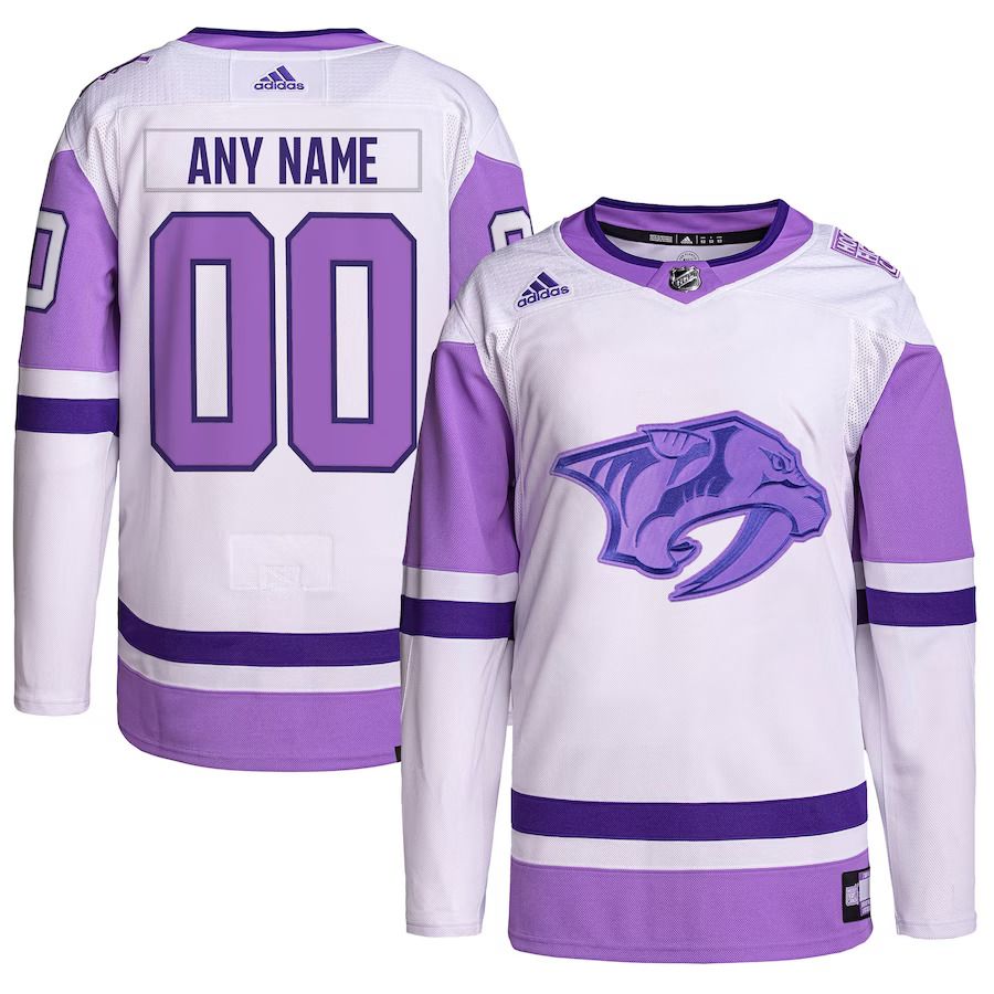 Men Nashville Predators adidas White Purple Hockey Fights Cancer Primegreen Authentic Custom NHL Jersey